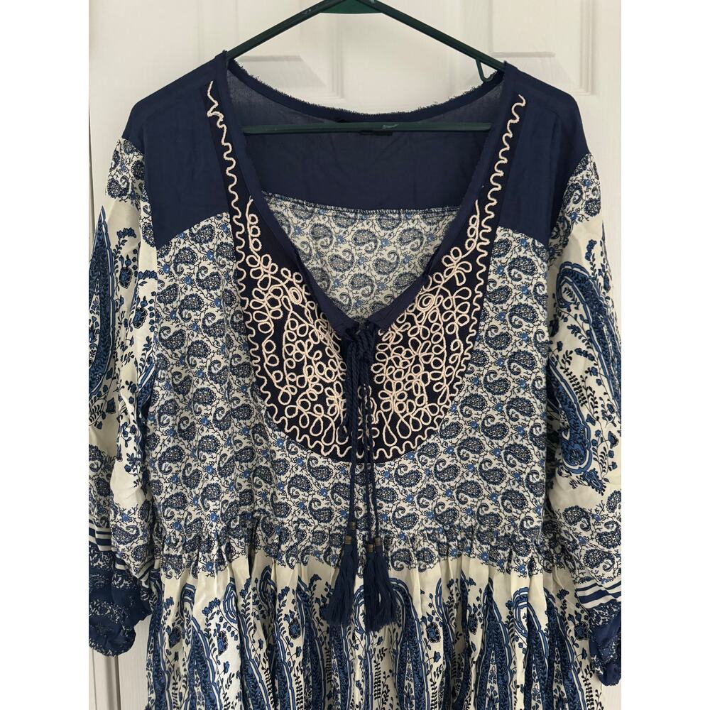 EN CREME Blue White Paisley Embroidered Boho Tunic Mini Dress Tassel Women's 1X - Picture 4 of 12